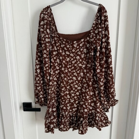 Brown Floral Print Long Sleeve Mini Dress - Picture 4 of 4